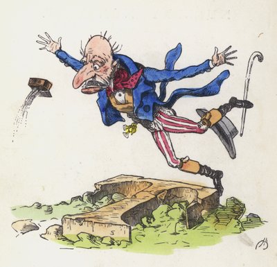 Gammel mand snubler over en sten formet som bogstavet T (farvet indgravering) af Charles Henry (after) Bennett