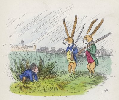 To antropomorfe kaniner på jagt (farvet indgravering) af Charles Henry (after) Bennett