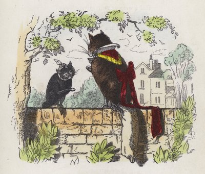 To katte på en havevæg (farvet gravering) af Charles Henry (after) Bennett