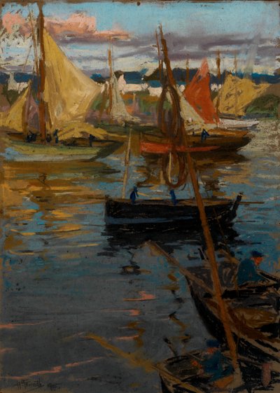 En aftenglød med en rosensti i skyggen (Boats Concarneau) af Charles Henry Fromuth