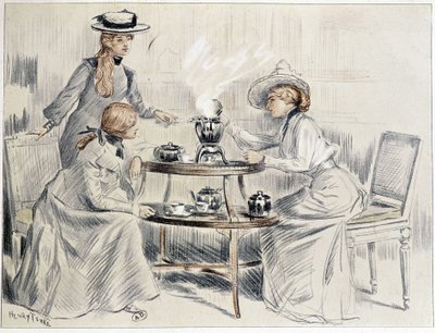 Damer tager te omkring en lille samovar - tegning af Henri Tenré, ca. 1910 af Charles Henry Tenre