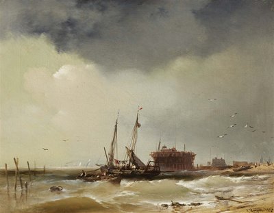 Fiskerbåde lander på en strand af Charles Hoguet