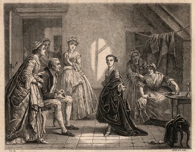 Mademoiselle Clairons barndom: den unge Claire-Josephe (Claire Josephe) Leris (1723-1803) reciterer versene fra skuespillet, hun lige har set. Hun blev komiker under navnet "Mademoiselle Clairon" eller ""La Clairon". Indgravering af 1862 fra maleriet af Charles Housez