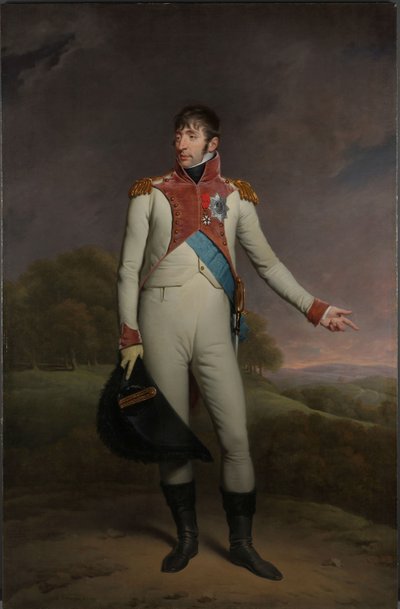 Portræt af Louis Napoleon, konge af Holland Louis Napoleon (1778-1846), konge af Holland fra 1806 til 1810, i livgardens uniform til fods, dekoreret med Storkorset af Den Kongelige Orden af Unionen af Holland og Officerskorset af L. af Charles Howard Hodges