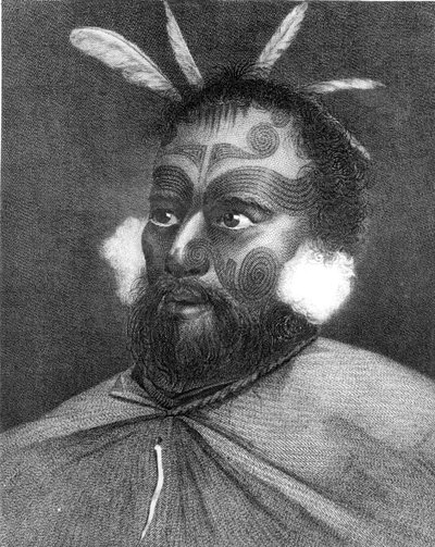 Portræt af en mand fra New Zealand, illustration fra "Journey Round the World to the South Pole", af kaptajn James Cook (1728-79) af Charles Howard Hodges