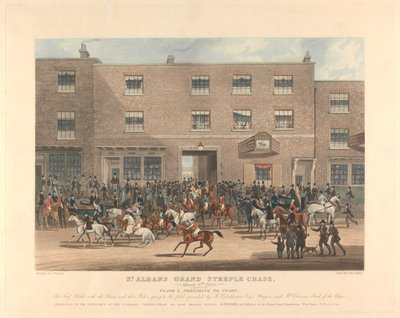 Steeple-chasing [sæt med seks]: St. Albans Grand Steeple Chase. / 8. marts 1832. Plade 1. Forberedelse til start ... af Charles Hunt