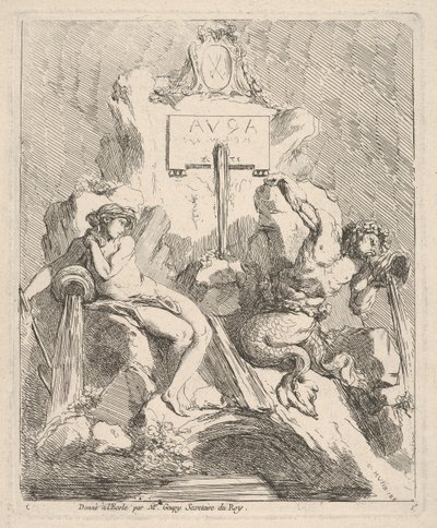 Design til et springvand med en siddende nymfe til venstre og triton, der holder en skal for munden ..., 1768. af Charles Hutin