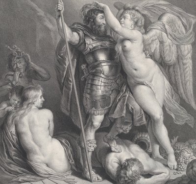 Helt kronet af Victory, der placerer en laurbærkrans på hans hoved, Venus og Amor ved..., ca. 1735-61. af Charles Hutin