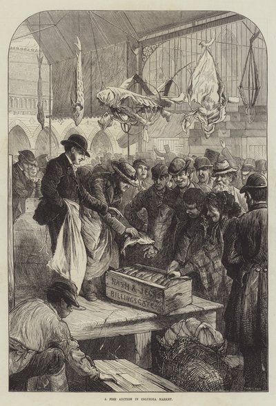 En fiskeauktion i Columbia Market (gravering) af Charles J. (after) Staniland