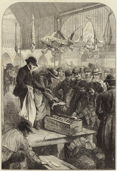 En fiskeauktion i Columbia Market af Charles J. Staniland