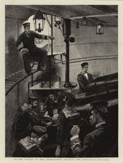 I Turret of H M S Conqueror, lad de 45 tons kanoner af Charles J. Staniland