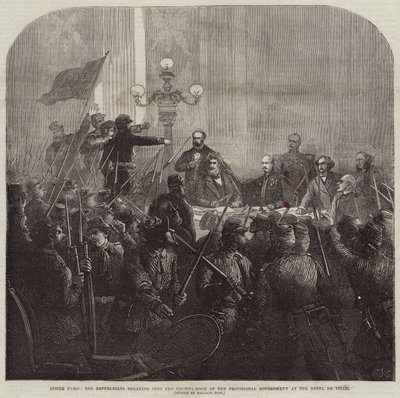 Inde i Paris bryder røde republikanere ind i den provisoriske regerings rådssal på Hotel De Ville af Charles J. Staniland