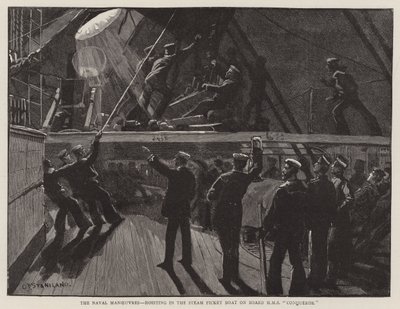 Søværnets manøvrer, hejsning i dampspidsbåden om bord på HMS Conqueror af Charles J. Staniland