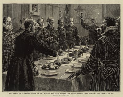 Parlamentets åbning, Yeomen af Hendes Majestæts kropsvagt drikker dronningens helbred efter at have gennemsøgt kælderen i parlamentets huse af Charles J. Staniland