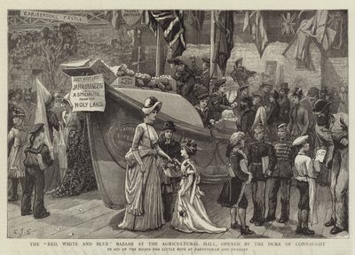 Den røde, hvide og blå basar ved landbrugshallen, åbnet af hertugen af Connaught af Charles J. Staniland