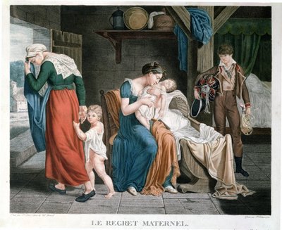 Døden af barnet, der blev overdraget til en amme, graveret af Delegorgue (farvestik) af Charles Jacques Lebel