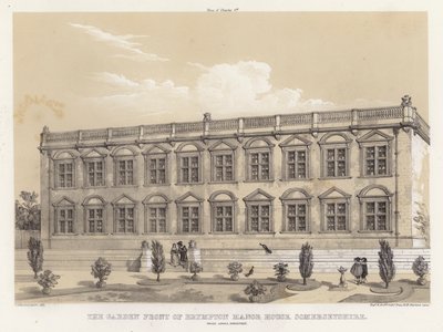 Haven foran Brympton Manor House, Somersetshire, Inigo Jones, arkitekt (farve litho) af Charles James Richardson