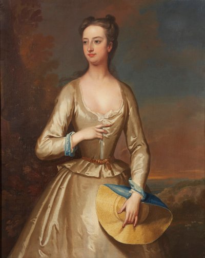 Portræt i trekvart længde af en hvidklædt dame med stråhat (olie på lærred) af Charles Jervas