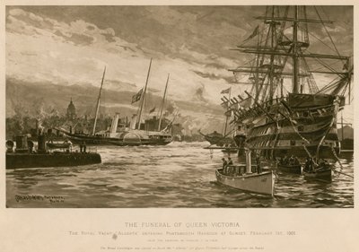 Dronning Victorias begravelse. Royal Yacht Alberta, der bærer dronningens lig, går ind i Portsmouth Harbour ved solnedgang af Charles John de (after) Lacy