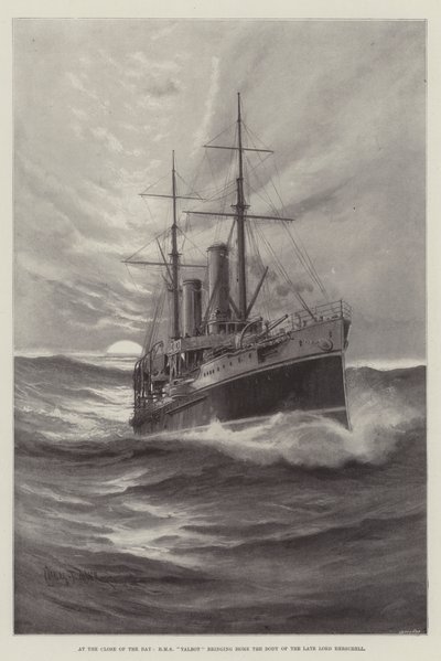 Ved dagens slutning bringer HMS Talbot liget af afdøde Lord Herschell hjem af Charles John de Lacy