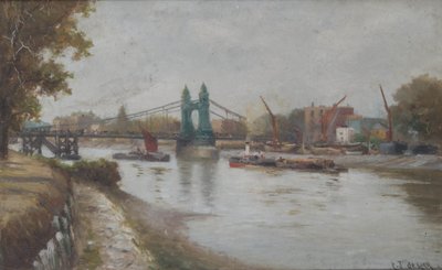 Hammersmith Bridge - den nuværende - efter 1887 - set fra Surrey-kysten af Charles John de Lacy
