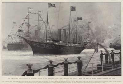 The Coronation Naval Review ved Spithead, 16. august, Hans Majestæts Yacht, Victoria og Albert, med kongen ombord, passerer gennem linjerne af Charles John de Lacy