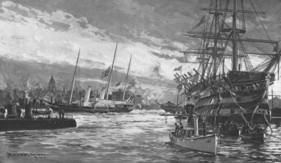 Dronning Victorias begravelse...Royal Yacht Alberta på vej ind i Portsmouth Harbour...1901. af Charles John de Lacy