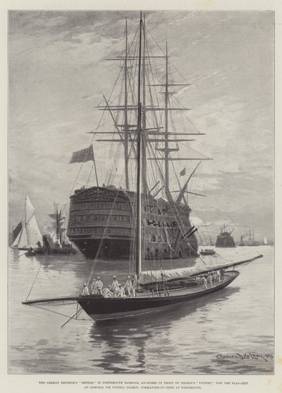 Den tyske kejsermeteor i Portsmouth Havn, forankret foran Nelson