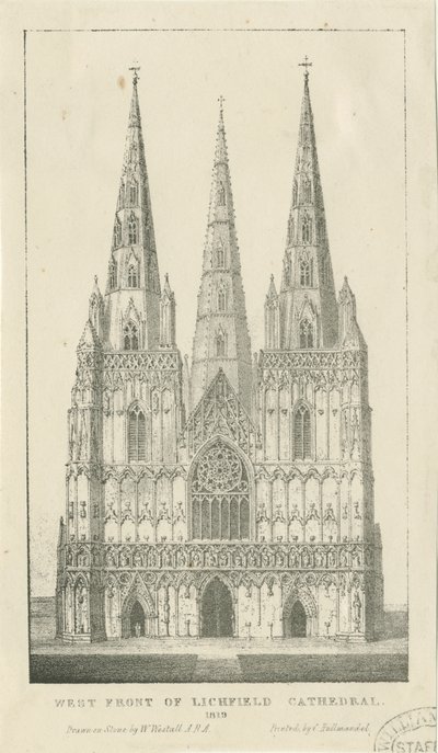 Lichfield Cathedral - Vestfronten: gravering af Charles Joseph Hullmandel