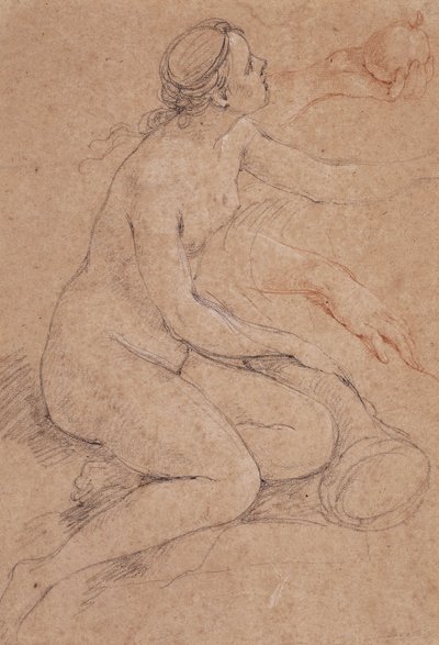 En nymfe, der læner sig op ad et overflødighedshorn, og undersøgelser af hendes hænder, en holder et æble, af Charles Joseph Natoire