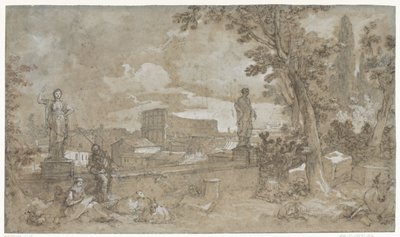 Udsigt over en del af Farnesian Gardens på Palatinerhøjen i Rom af Charles Joseph Natoire