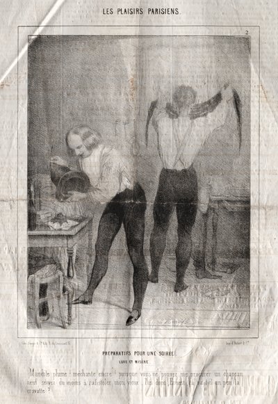 Les Plaisirs Parisiens: Forberedelser til en aften. Luksus og elendighed. Forbandet pen! dårligt blæk!... af Charles Joseph Traviès de Villers