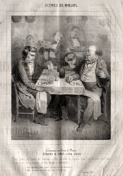 Scener med manerer: Synes om eller spis i Paris. Diners på femogtyve sous. Tre retter valgt af catereren af Charles Joseph Traviès de Villers