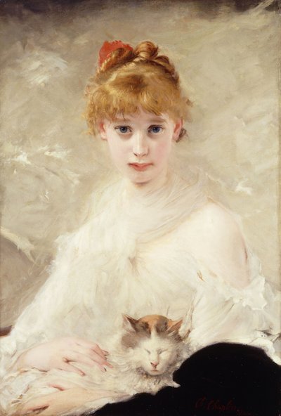 Ung pige med kat; Pigen med Katten, af Charles Joshua Chaplin