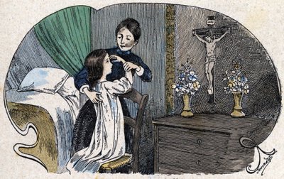 Korsets tegn. i "" Alle religiøse tilhørsforhold - jeg tror på guder"", sd., illustration af slutningen af det 19. århundrede af Jouvenot. Katekismusernes bibliotek. Paris. Leemage samling af Charles Jouvenot