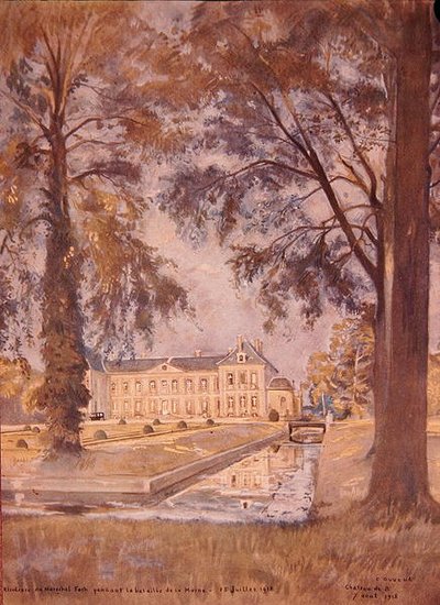 Chateau de Bombon, nær Melun, Frankrig, 7. august 1918 (akvarel på papir) af Charles Jules Duvent