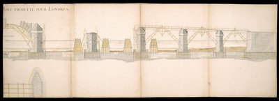 Design af den projekterede bro over Themsen i London, BL Maps C.49.e.76 af Charles Labelye