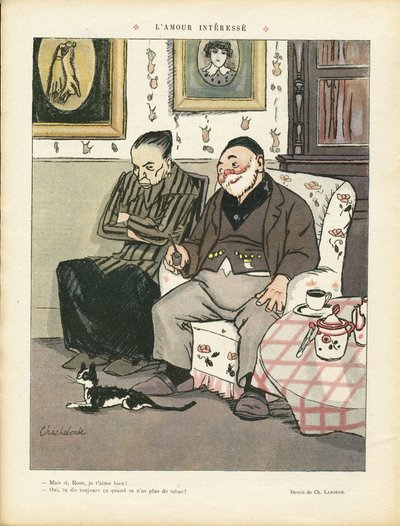 Illustration af Chas-Laborde (1886-1941) i Le Rire, 05/04/13 - Interesseret kærlighed - Kærlighed, Rygning, Indretningsarkitektur, Gastronomi kok, Tredje alder, Tobak - Kat af Charles Laborde