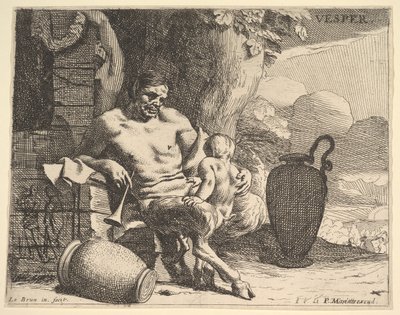 Aften: en siddende satyr spænder sit barn, en figur hænger en guirlande på en mole hinsides, f..., ca. 1640. af Charles Le Brun