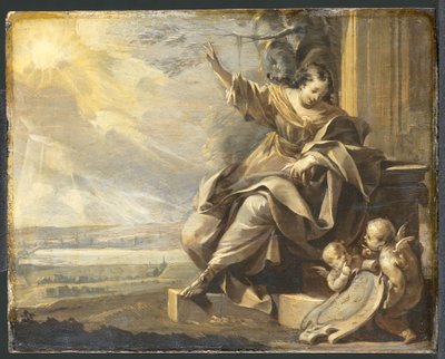Tysk: Siddende kvindefigur med to putti og flodlandskab, Grisaille Allegorisk kvindefigur med to putti af Charles Le Brun