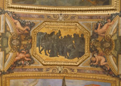 Hjælper folket under hungersnøden i 1662, loftmaleri fra Galerie des Glaces af Charles Le Brun