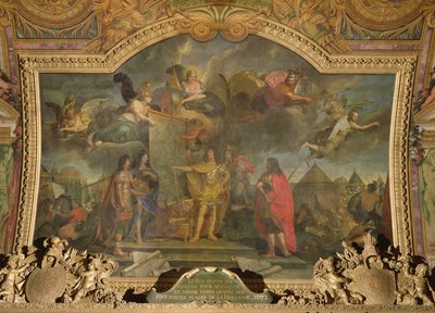 Kong Ludvig XIV (1638-1715) giver ordre om samtidig at angribe fire af de stærkeste hollandske stillinger i 1672, loftmaleri fra Galerie des Glaces af Charles Le Brun