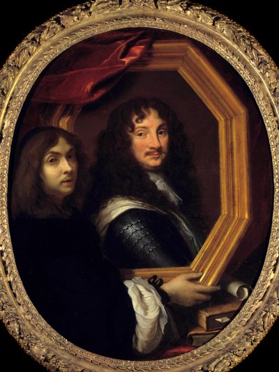 Portræt af kunstneren (eller selvportræt), der præsenterer et militærmaleri af Charles Lebrun (Le Brun) (1619-1690) 1600-tallet søn. 1,04x0,85 m - Portræt af kunstneren (eller selvportræt), der holder portrættet af et militær. Maleri af Charles Lebru af Charles Le Brun