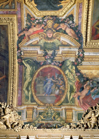 Grundlæggelsen af Hotel Royal des Invalides i 1674, loftmaleri fra Galerie des Glaces af Charles Le Brun
