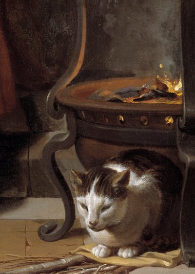 The Sleep of the Child Jesus Detalje, der forestiller en kat, der sover under ovnen. Maleri af Charles Lebrun (Le Brun) (1619-1690) 1655 søn. 0,87x1,18 m af Charles Le Brun
