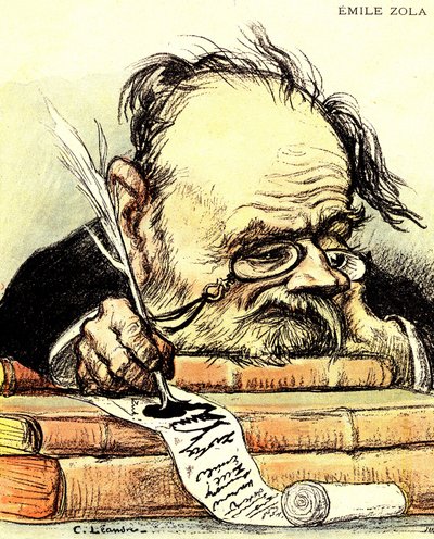 Tegneserie af Emile Zola (1840-1902) skrift, synligt manglende inspiration - Illustration af Charles Leandre i "The Rire"" af Charles Leandre