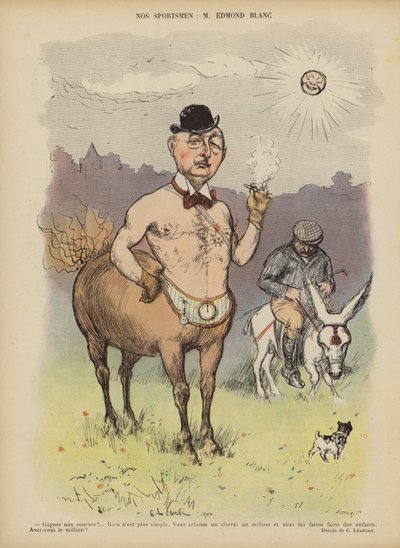 Edmond Blanc, fransk ejer og opdrætter af væddeløbsheste. Illustration til Le Rire af Charles Leandre