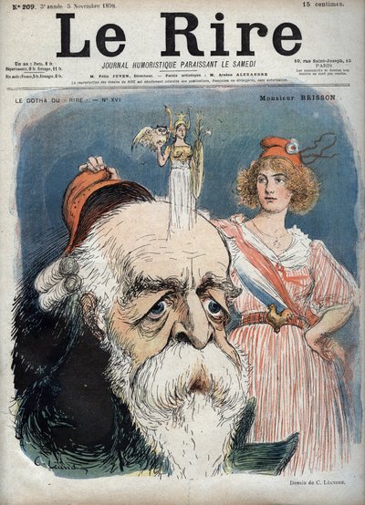 Eugene Henri Brisson (1835-1912), fransk advokat, journalist og politiker - Marianne løfter en rød kasket fra Bressons hoved og fra hendes hoved ser ud til at stige gudinden Athena med alle attributter - karikatur af Charles Leandre (1862-1934) i "" Le Rir af Charles Leandre