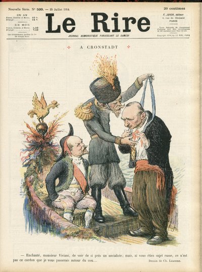 Illustration af Charles Leandre (1862-1934) til forsiden af Le Lire, 25/07/14 - "" Fortryllende Monsieur Viviani at se en socialist så tæt, men hvis du var et russisk undersåtter, er det ikke den snor, jeg ville videregive til dig." - A crondstadt - Ruslan af Charles Leandre