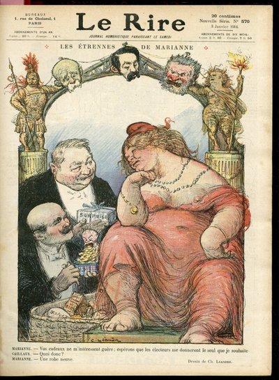 Illustration af Charles Leandre (1862-1934) til forsiden af ​​Le Rire, 03/01/14 - Les strennes de Marianne - Tribun - Clemenceau George, Jaures Jean, Briand Aristide, Marianne, Caillaux Joseph (1863-1944) af Charles Leandre